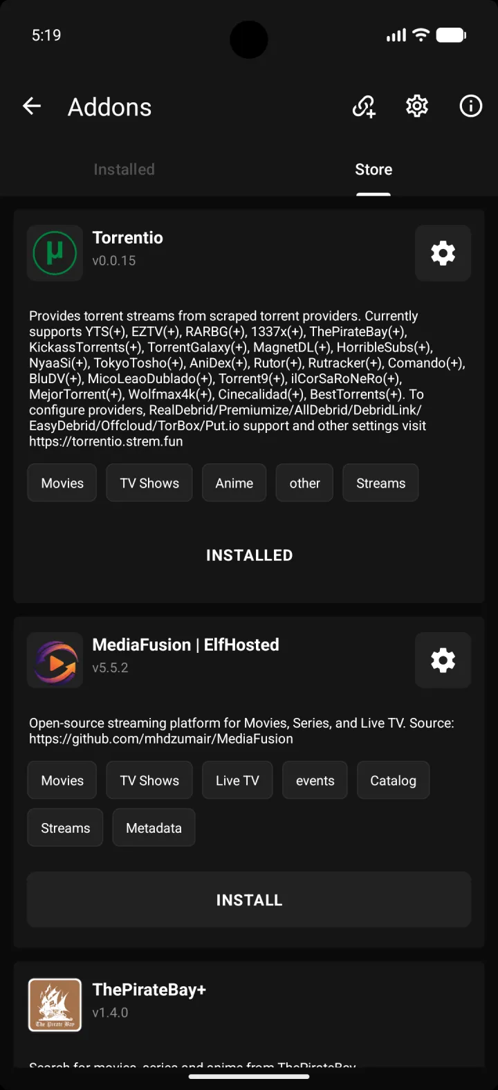 EasyCine Android movies app — Addons screen screenshot