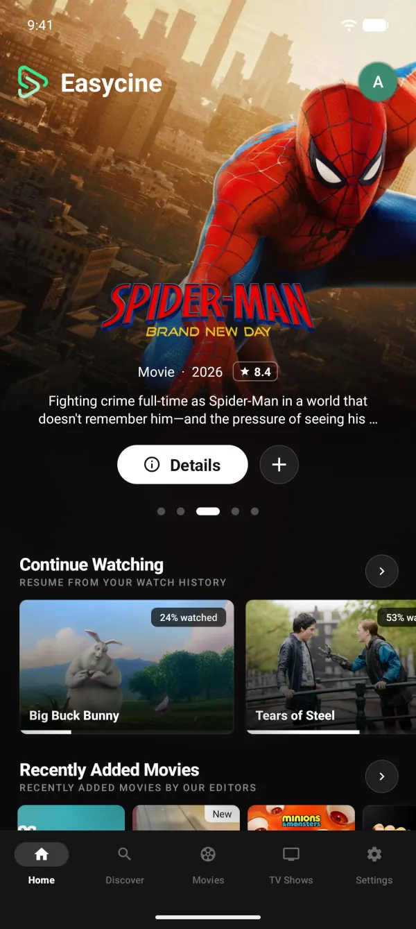 EasyCine phone app: Home screen with featured titles and Continue Watching