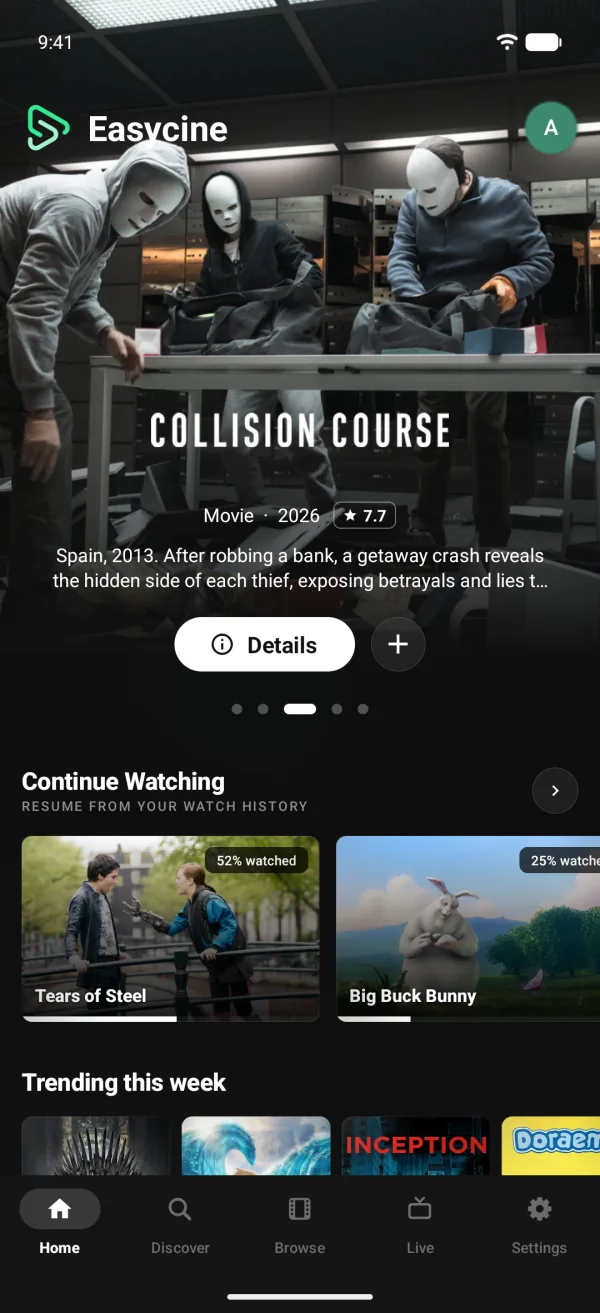 EasyCine phone app: Home screen with featured titles and Continue Watching